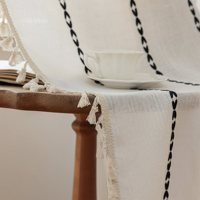 Embroidered Black Striped White Curtains