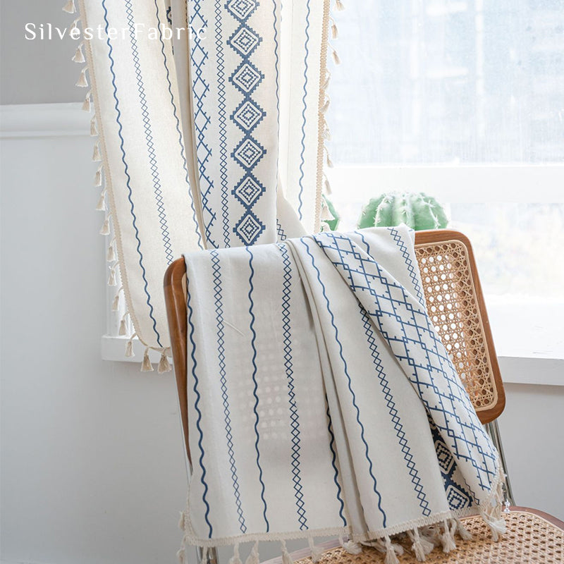 Navy Striped Printed Curtains丨Geometric White Curtains