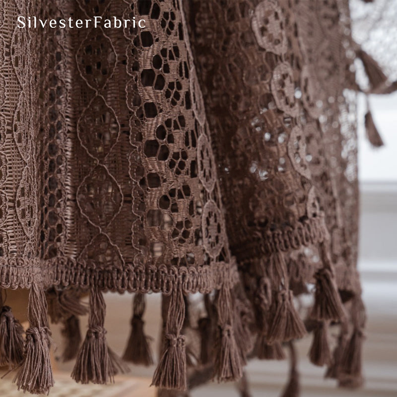 brown French sheer curtain fabric close-up