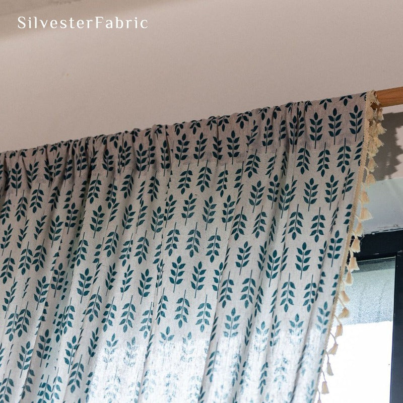 Green Leaf Linen Curtains丨Rod Pocket Curtains - Silvester Fabric
