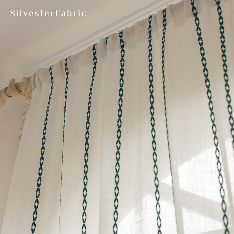 Embroidered Green Striped White Curtains