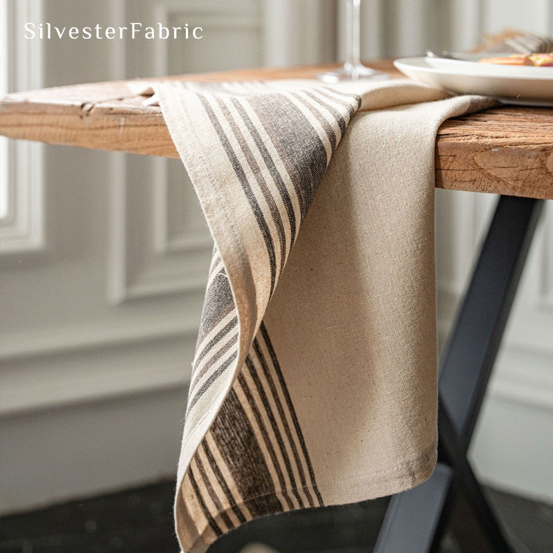 beige farmhouse striped placemats edge stitching detail