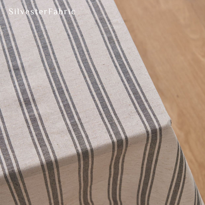 grey striped farmhouse tablecloth edge stitching detail