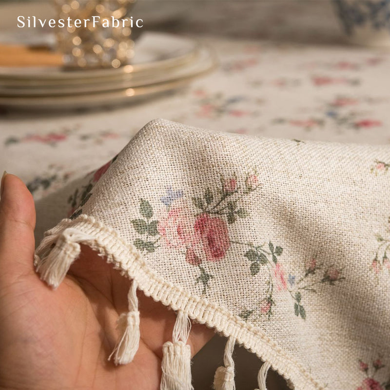 farmhouse floral round tablecloth fabric close-up