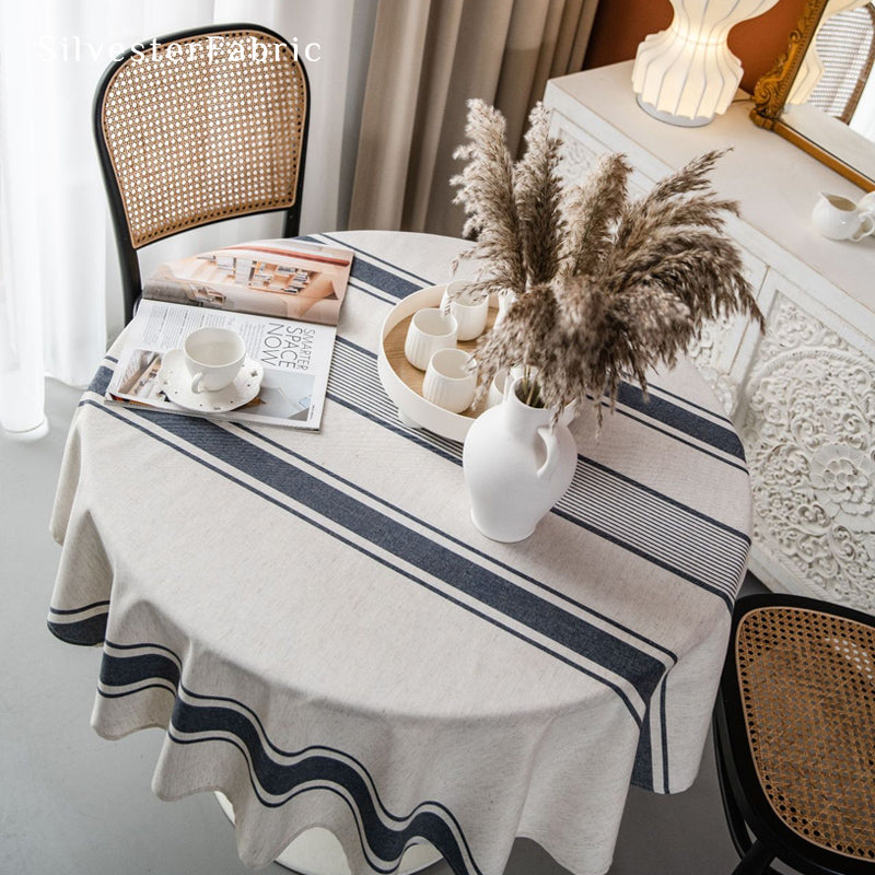 Blue Striped Linen Tablecloth