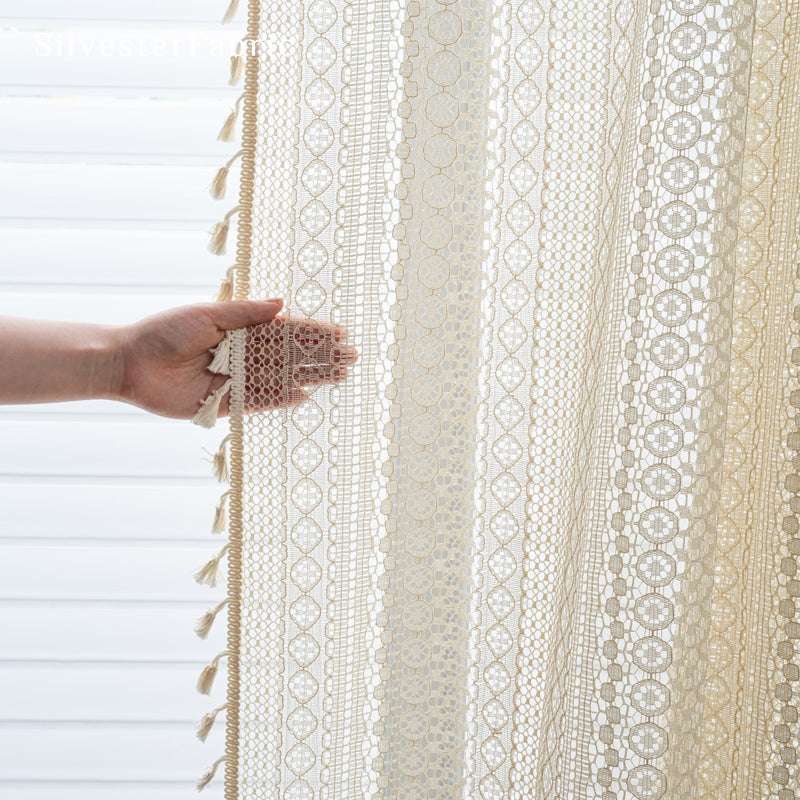 tassel trim on yellow sheer lace curtain panel