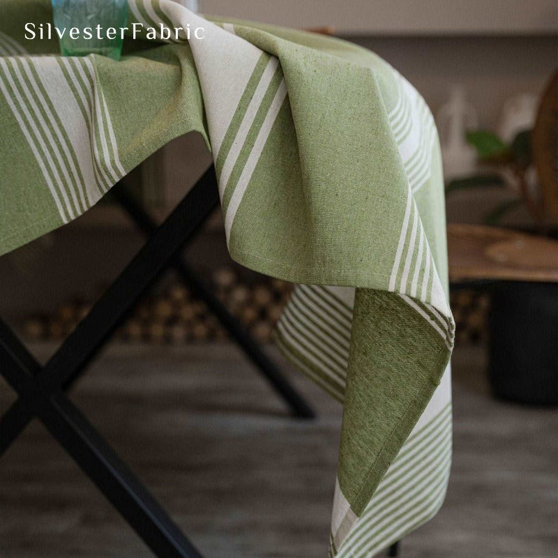 Rectangular Linen Tablecloth丨Green Striped Tablecloth
