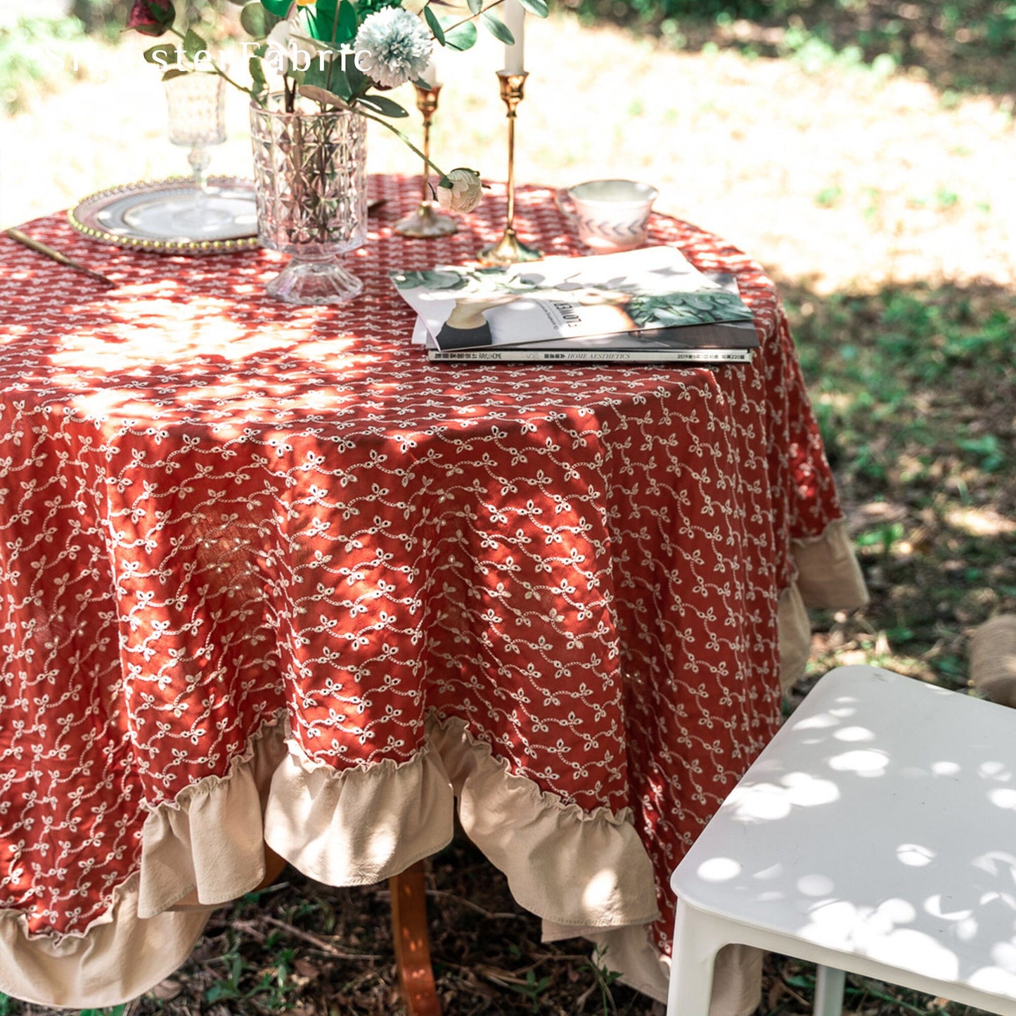 Ruffled Red Embroidered Tablecloth