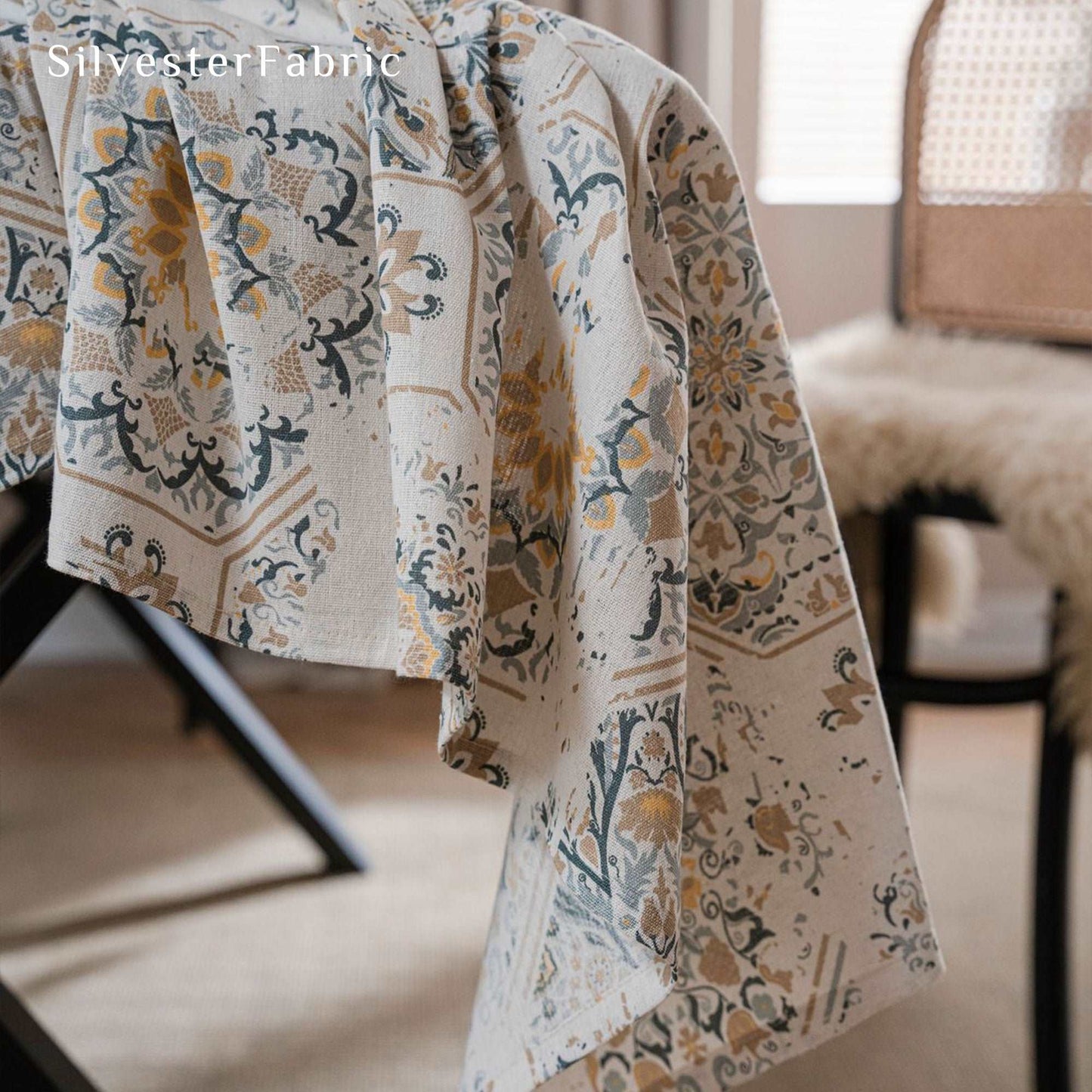 Spring Vintage Geometric Textured Floral Print French Linen Tablecloths