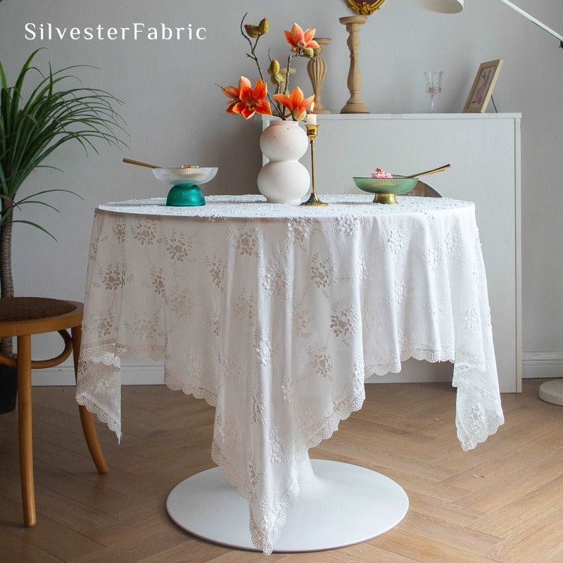 White Embroidered Tablecloth丨Wedding Table Decor - Silvester Fabric