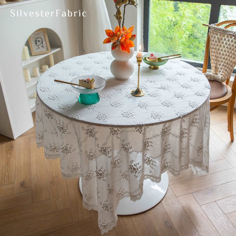 White Embroidered Tablecloth丨Wedding Table Decor - Silvester Fabric