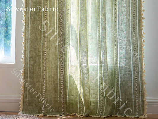 The Allure of Sage Green Curtains with White Embroidered Stripes