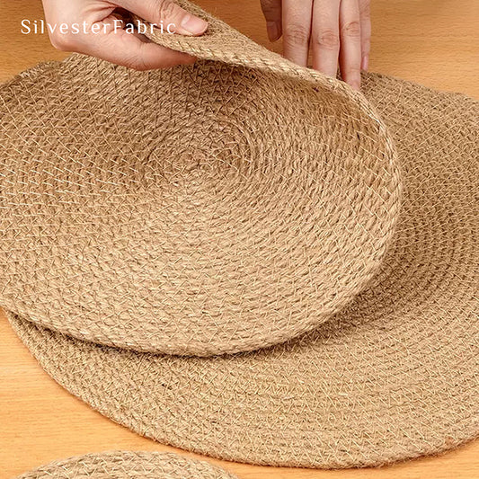 12" Woven Jute Placemats laid flat on dining table
