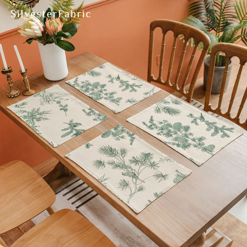 green farmhouse botanical placemats set of 4 arranged on rectangle table