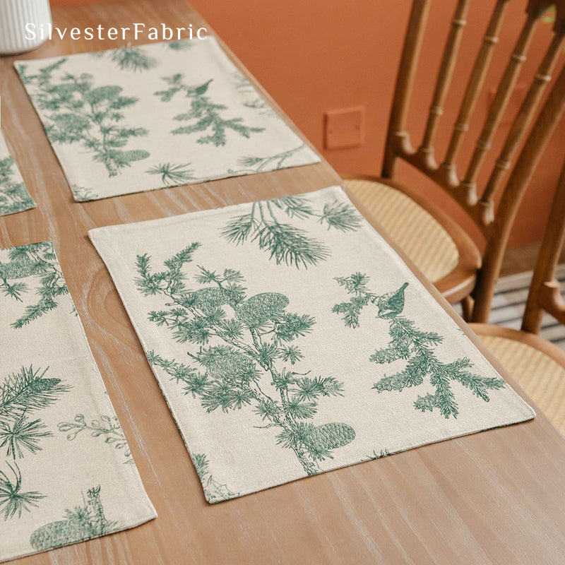 green farmhouse botanical placemats edge stitching detail