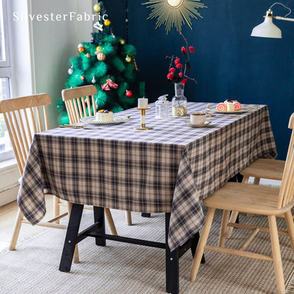 beige Christmas tartan plaid cotton tablecloth for everyday dining