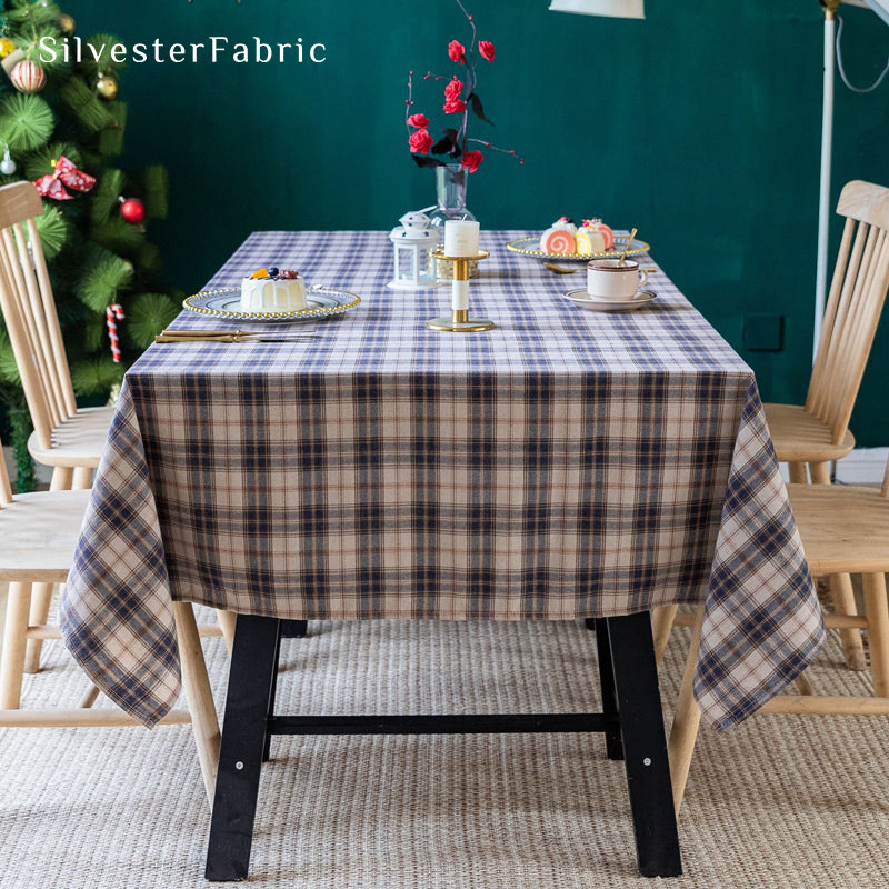 beige Christmas tartan plaid cotton tablecloth for holiday table setting
