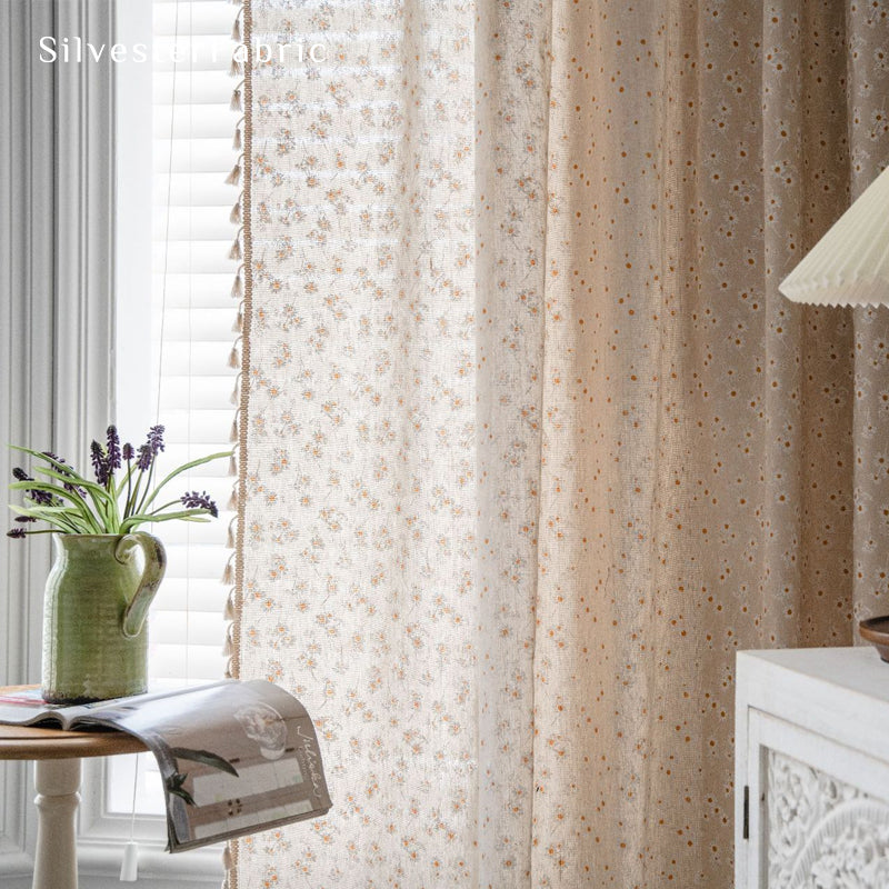 beige farmhouse floral curtain fabric close-up