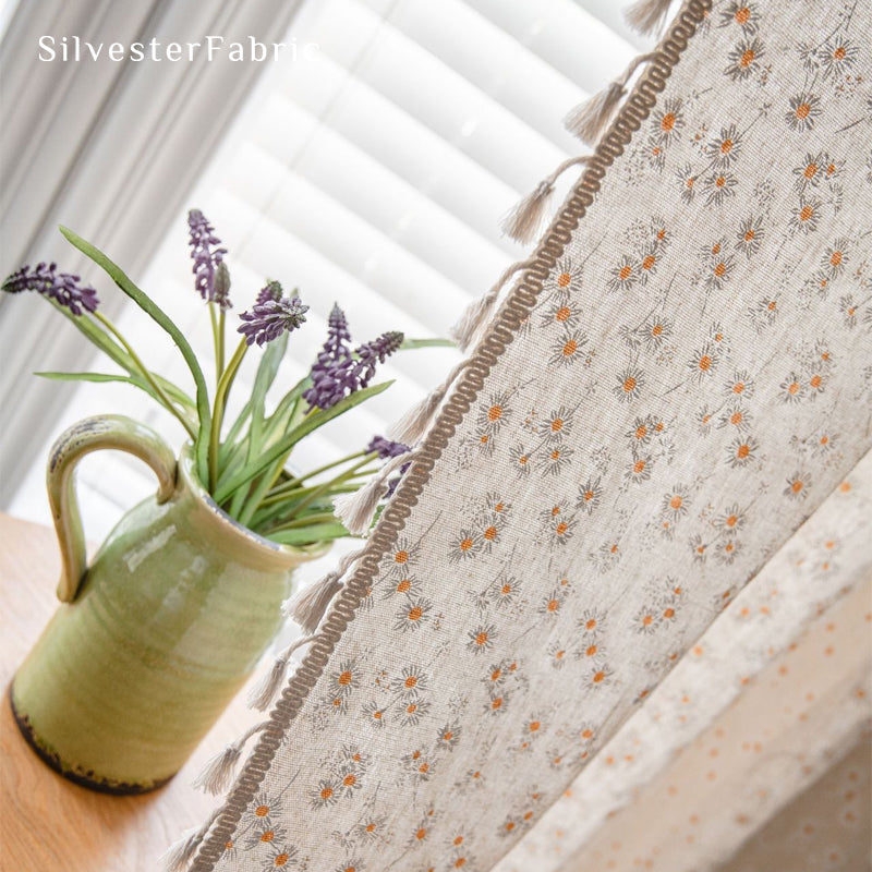 tassel trim on beige farmhouse floral curtain panel