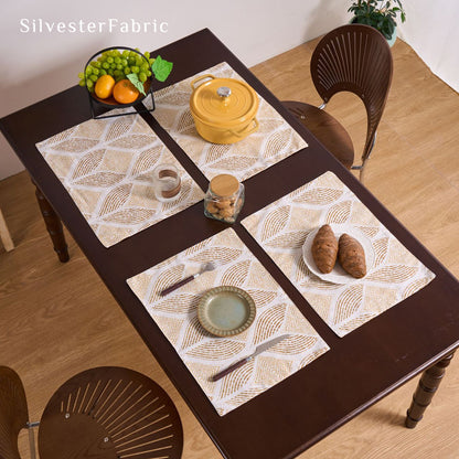 beige textured farmhouse placemats set of 4 arranged on rectangle table