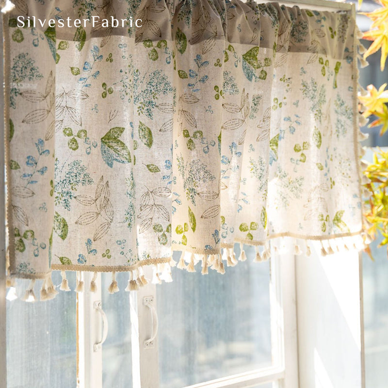 Close‑up of Green Botanical Farmhouse Cafe Curtain corner