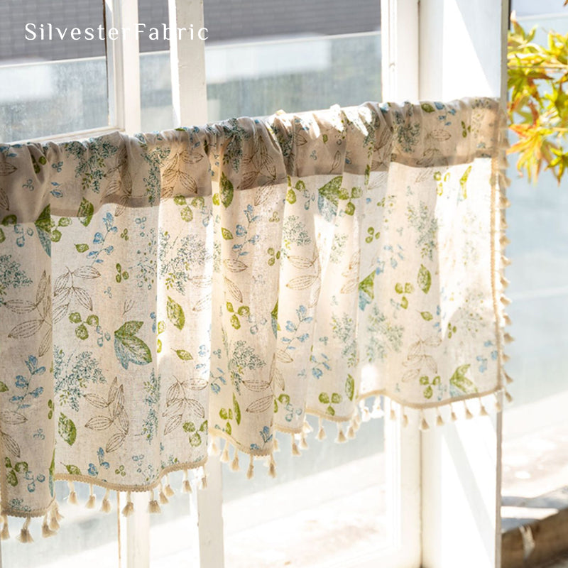 Close‑up of Green Botanical Farmhouse Cafe Curtain corner