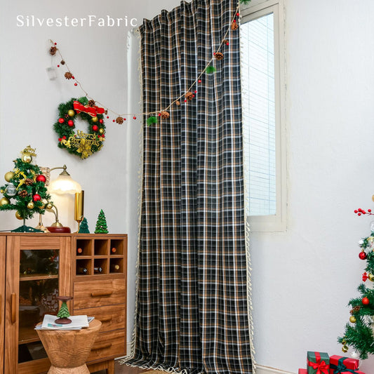 Close‑up of Black Christmas Plaid Curtain corner