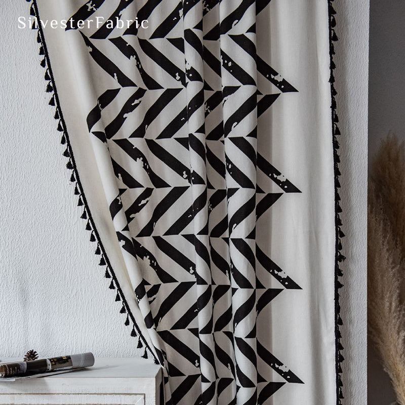 Modern Black Geometric Print Curtains Hanging in Window