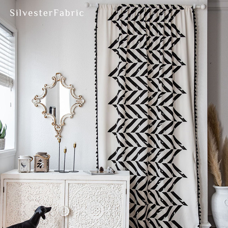 Modern Black Geometric Print Curtains Hanging in Window