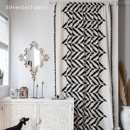 Modern Black Geometric Print Curtains Hanging in Window