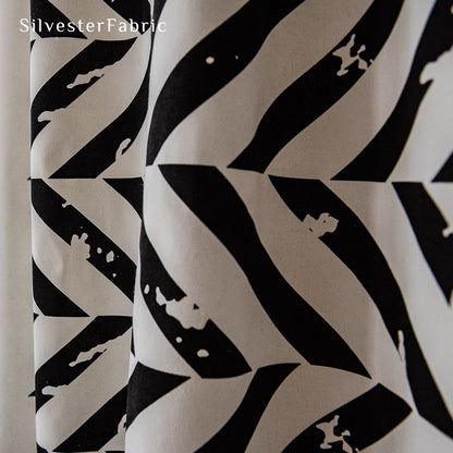 Modern Black Geometric Print Curtains Hanging in Window