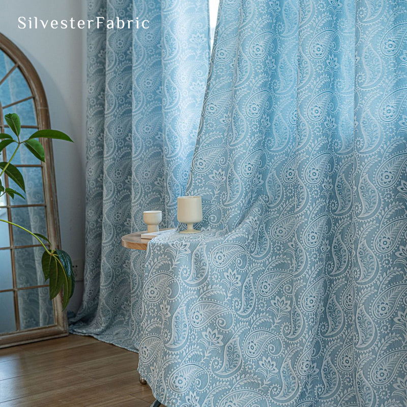 blue paisley bohemian curtain drape and fold detail