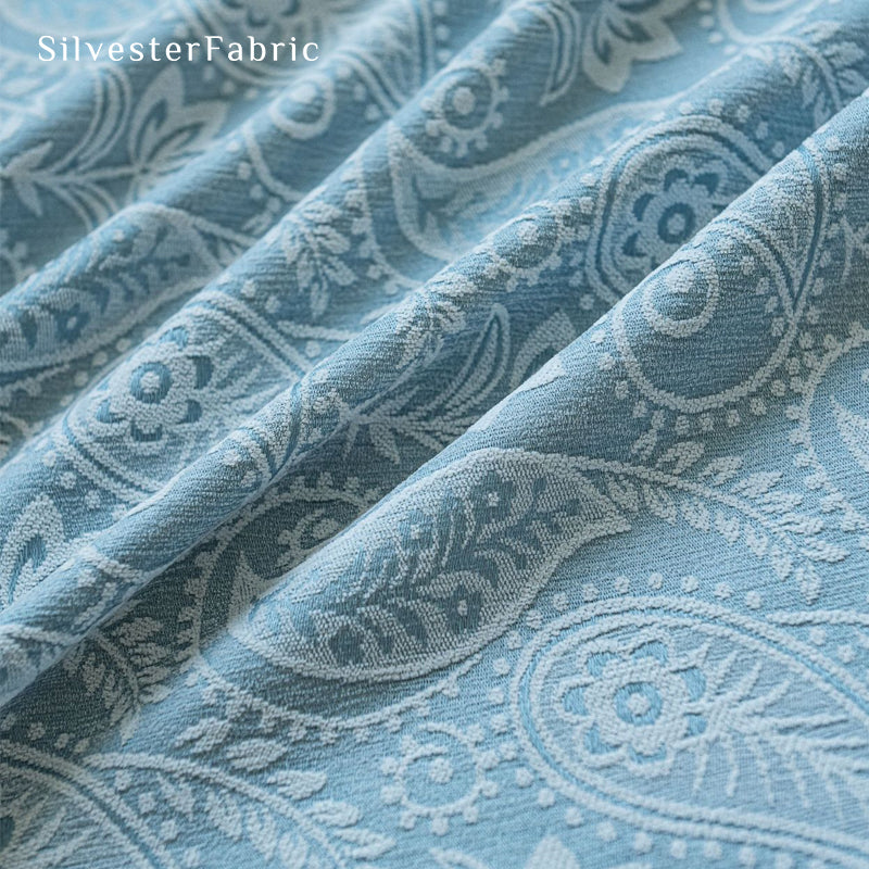 blue paisley bohemian curtain fabric close-up