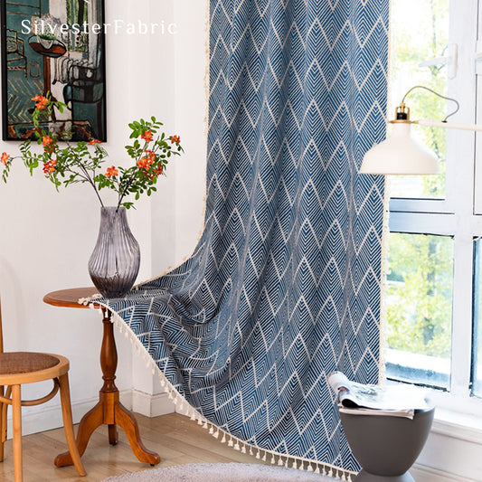 Close‑up of Navy Blue Zigzag Farmhouse Curtain corner