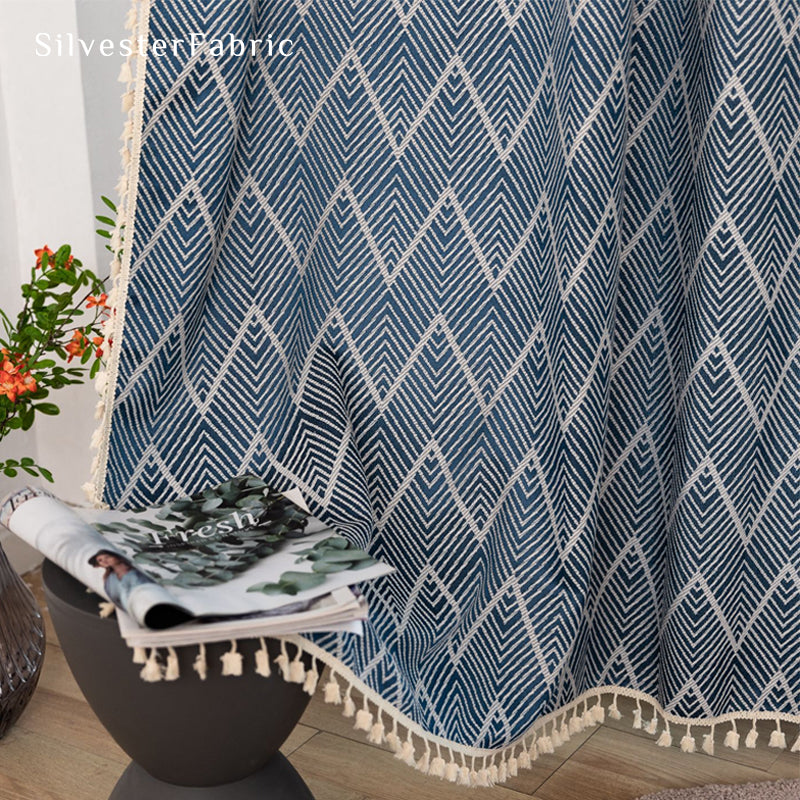 Close‑up of Navy Blue Zigzag Farmhouse Curtain