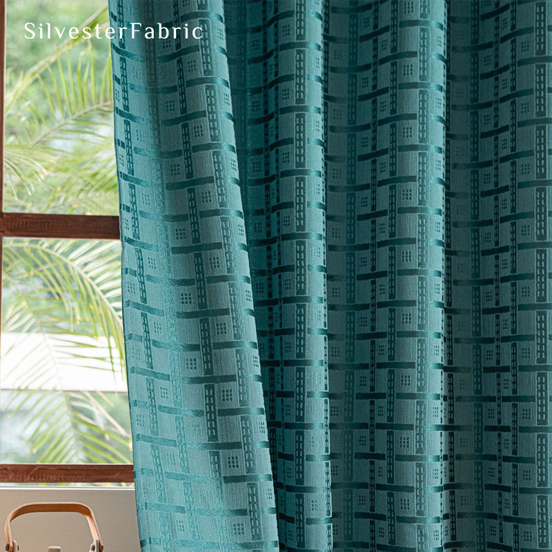 Blue jacquard farmhouse curtain fabric texture