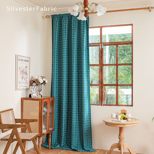 Blue jacquard farmhouse curtain panel