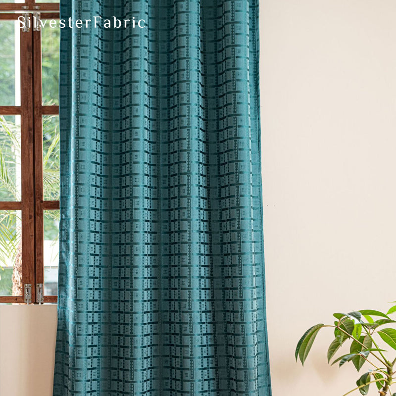 Blue jacquard farmhouse curtain fabric close-up