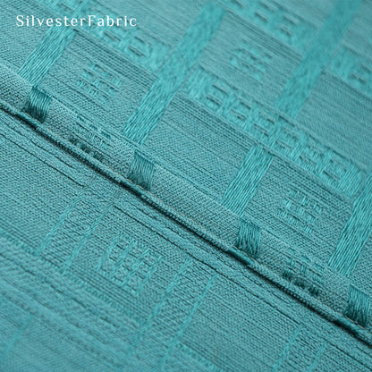 Blue jacquard farmhouse curtain drape and fold detail
