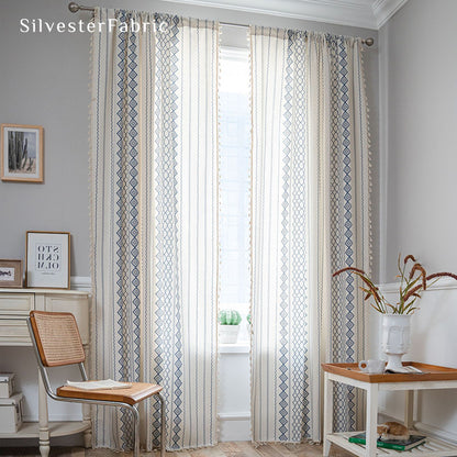 Navy Striped Printed Curtains丨Geometric White Curtains