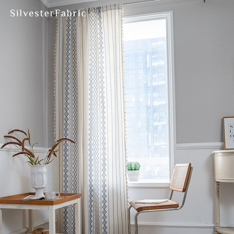 Navy Striped Printed Curtains丨Geometric White Curtains