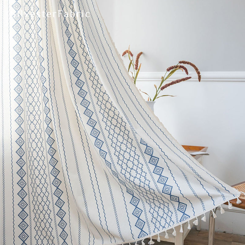 Navy Striped Printed Curtains丨Geometric White Curtains
