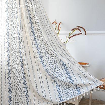 Navy Striped Printed Curtains丨Geometric White Curtains