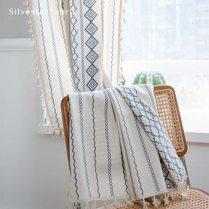 Navy Striped Printed Curtains丨Geometric White Curtains