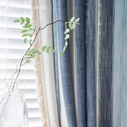 Blue Striped Color Block Curtains Hanging on Bedroom Window