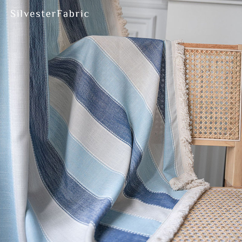 Blue Striped Color Block Curtains Hanging on Bedroom Window