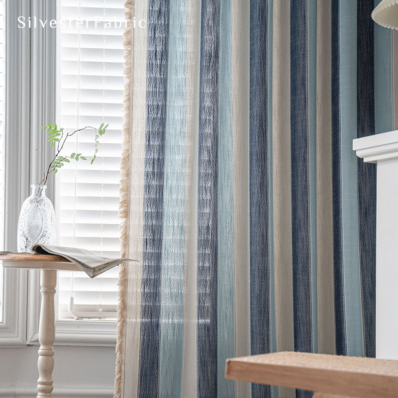 Blue Striped Color Block Curtains Hanging on Bedroom Window