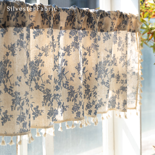 Close‑up of Blue Rose Floral Farmhouse Cafe Curtain corner