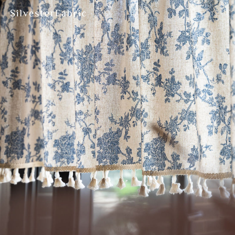 Close‑up of Blue Rose Floral Cafe Curtain corner