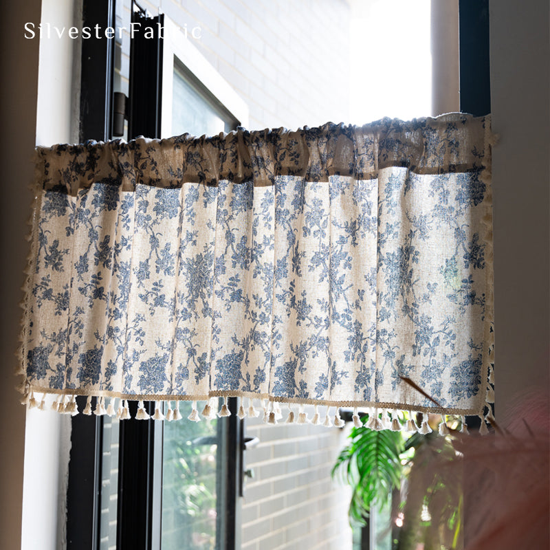 Close‑up of Blue Floral Cafe Curtain corner